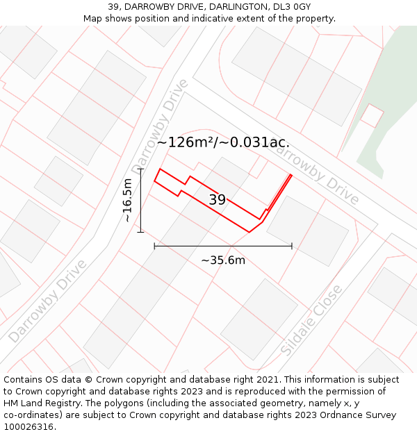 39, DARROWBY DRIVE, DARLINGTON, DL3 0GY: Plot and title map