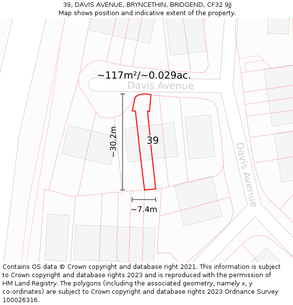 39, DAVIS AVENUE, BRYNCETHIN, BRIDGEND, CF32 9JJ: Plot and title map