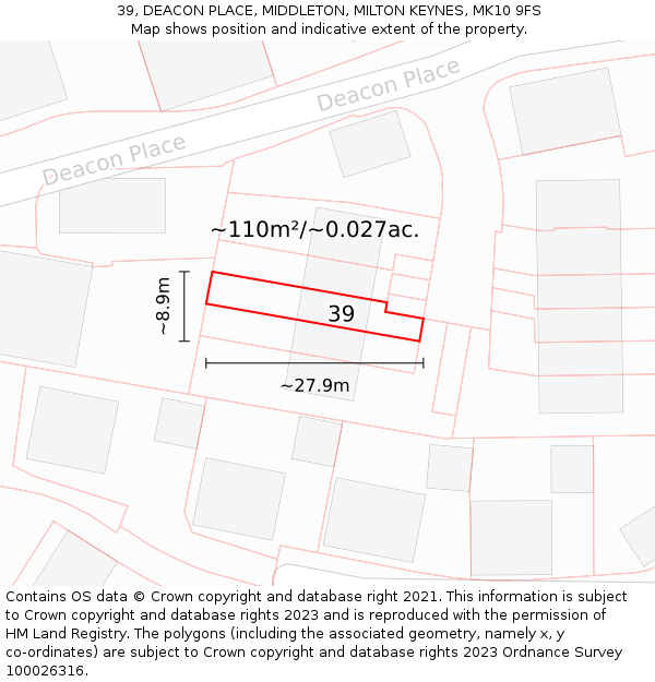 39, DEACON PLACE, MIDDLETON, MILTON KEYNES, MK10 9FS: Plot and title map