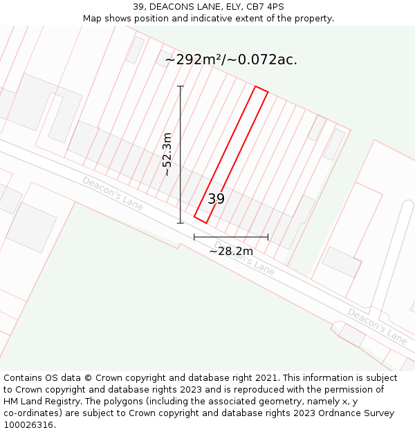 39, DEACONS LANE, ELY, CB7 4PS: Plot and title map