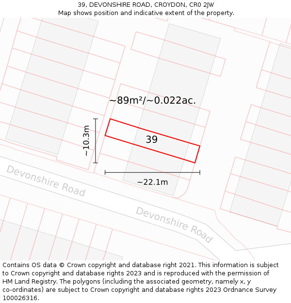 39, DEVONSHIRE ROAD, CROYDON, CR0 2JW: Plot and title map