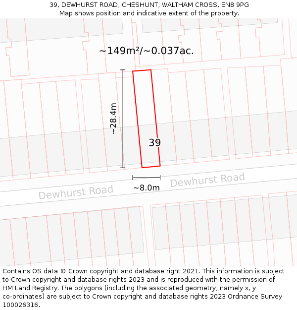 39, DEWHURST ROAD, CHESHUNT, WALTHAM CROSS, EN8 9PG: Plot and title map