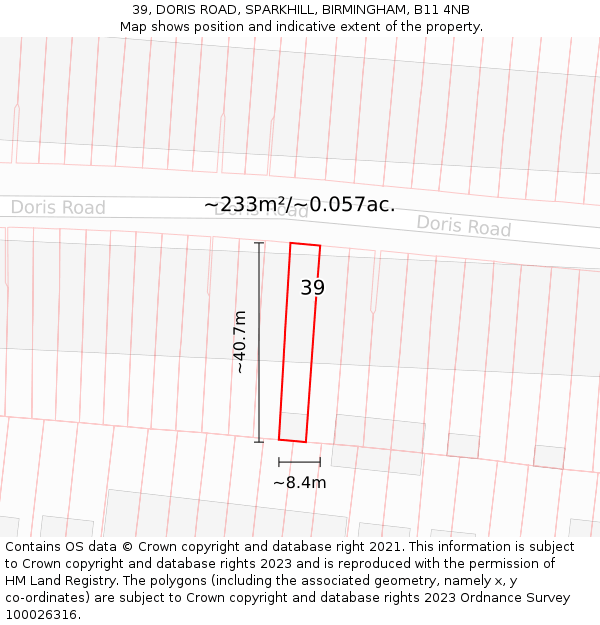 39, DORIS ROAD, SPARKHILL, BIRMINGHAM, B11 4NB: Plot and title map