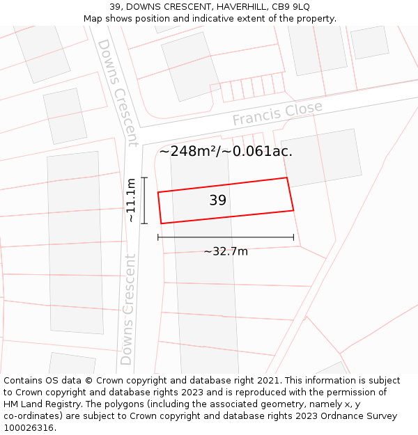 39, DOWNS CRESCENT, HAVERHILL, CB9 9LQ: Plot and title map
