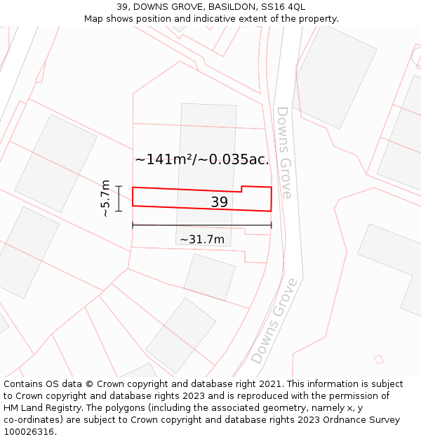 39, DOWNS GROVE, BASILDON, SS16 4QL: Plot and title map