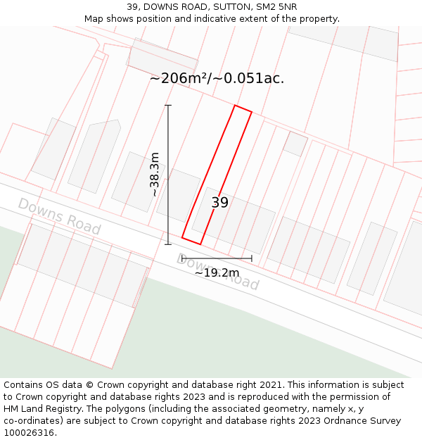 39, DOWNS ROAD, SUTTON, SM2 5NR: Plot and title map