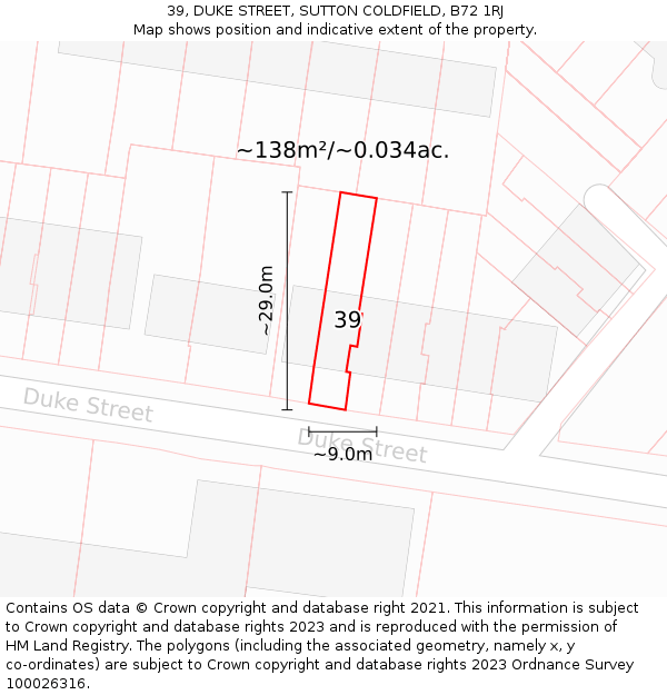 39, DUKE STREET, SUTTON COLDFIELD, B72 1RJ: Plot and title map
