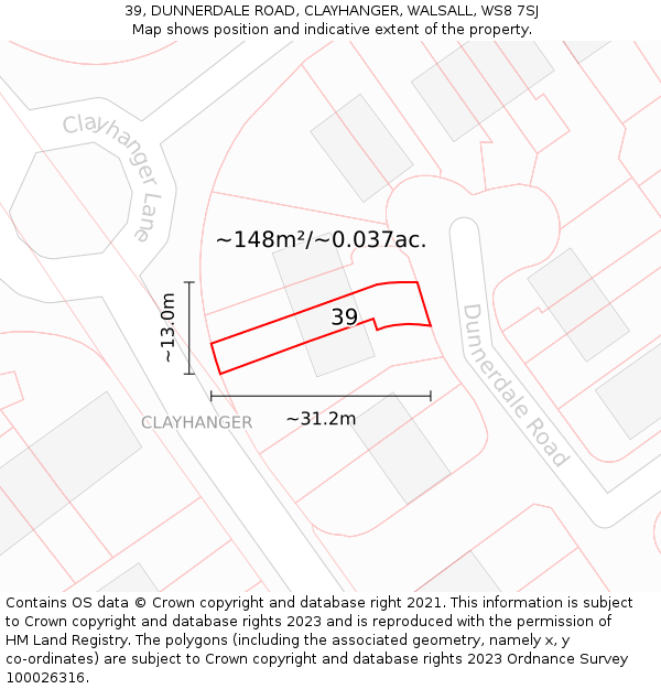 39, DUNNERDALE ROAD, CLAYHANGER, WALSALL, WS8 7SJ: Plot and title map