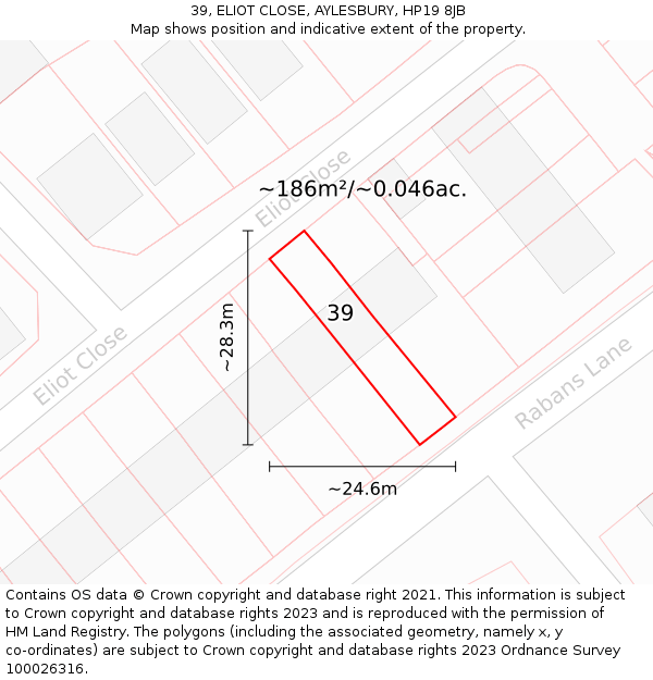 39, ELIOT CLOSE, AYLESBURY, HP19 8JB: Plot and title map