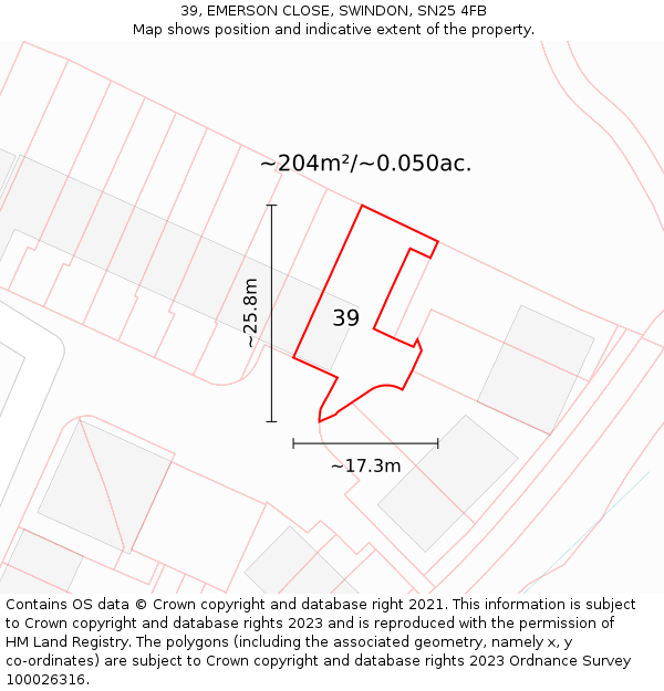 39, EMERSON CLOSE, SWINDON, SN25 4FB: Plot and title map