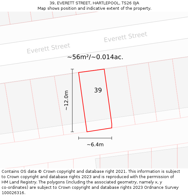39, EVERETT STREET, HARTLEPOOL, TS26 0JA: Plot and title map