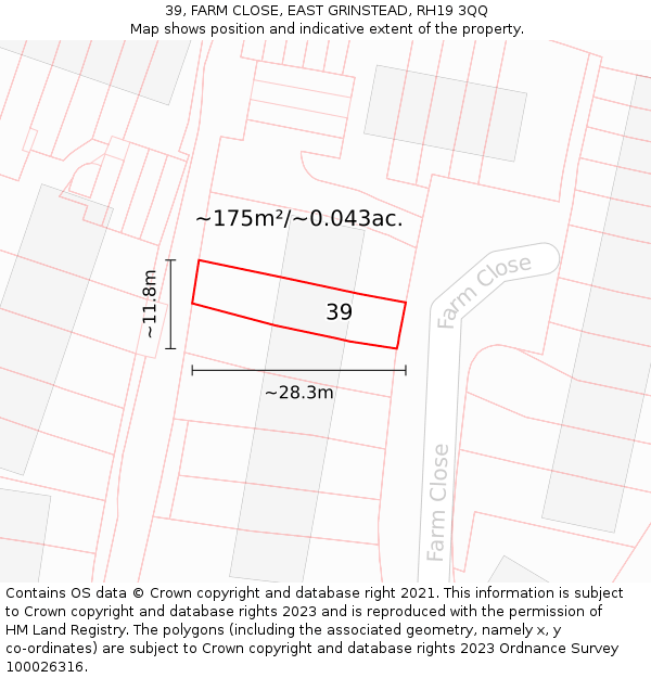 39, FARM CLOSE, EAST GRINSTEAD, RH19 3QQ: Plot and title map