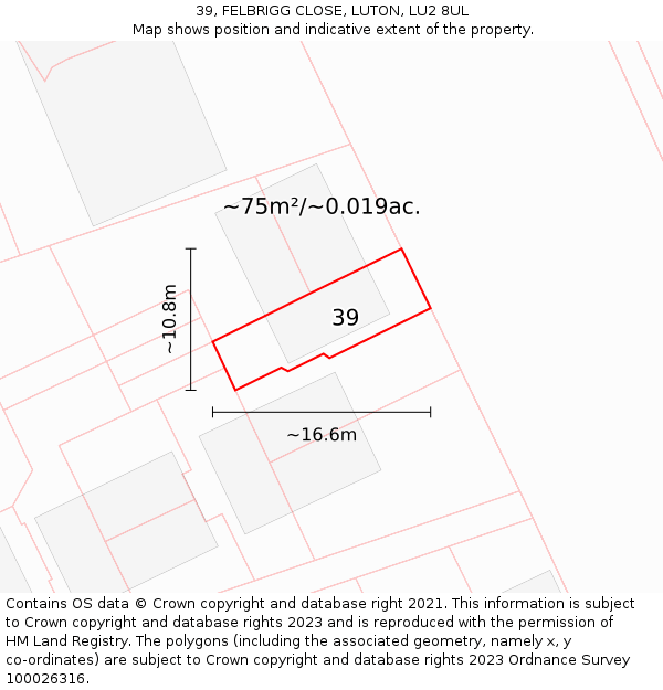 39, FELBRIGG CLOSE, LUTON, LU2 8UL: Plot and title map