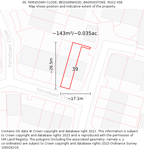 39, FERNDOWN CLOSE, BEGGARWOOD, BASINGSTOKE, RG22 4SE: Plot and title map