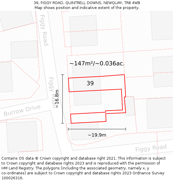 39, FIGGY ROAD, QUINTRELL DOWNS, NEWQUAY, TR8 4WB: Plot and title map