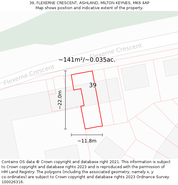 39, FLEXERNE CRESCENT, ASHLAND, MILTON KEYNES, MK6 4AP: Plot and title map