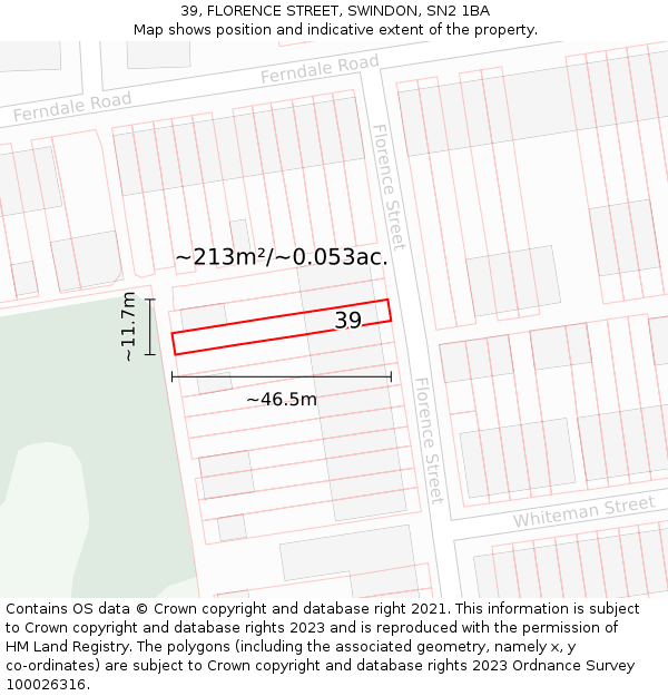 39, FLORENCE STREET, SWINDON, SN2 1BA: Plot and title map