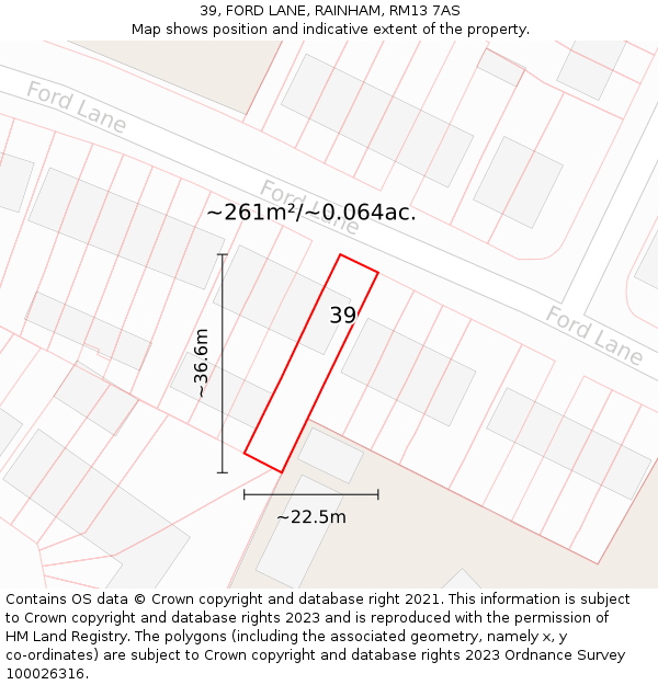 39, FORD LANE, RAINHAM, RM13 7AS: Plot and title map