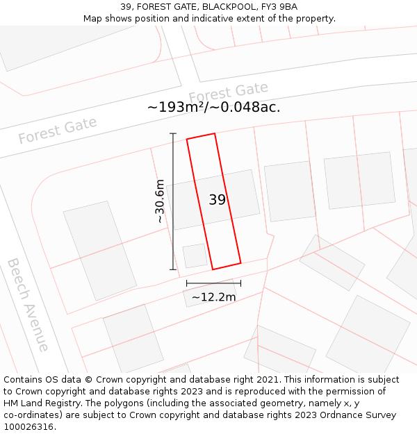 39, FOREST GATE, BLACKPOOL, FY3 9BA: Plot and title map