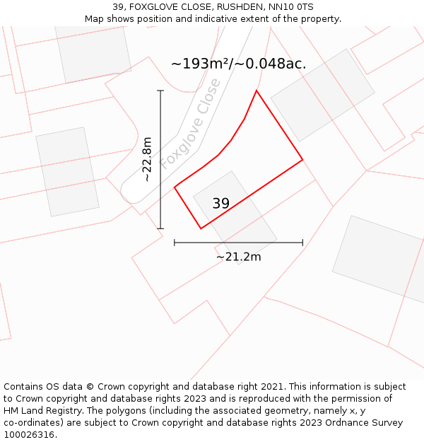 39, FOXGLOVE CLOSE, RUSHDEN, NN10 0TS: Plot and title map