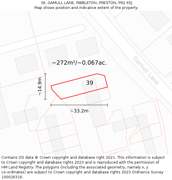 39, GAMULL LANE, RIBBLETON, PRESTON, PR2 6SJ: Plot and title map