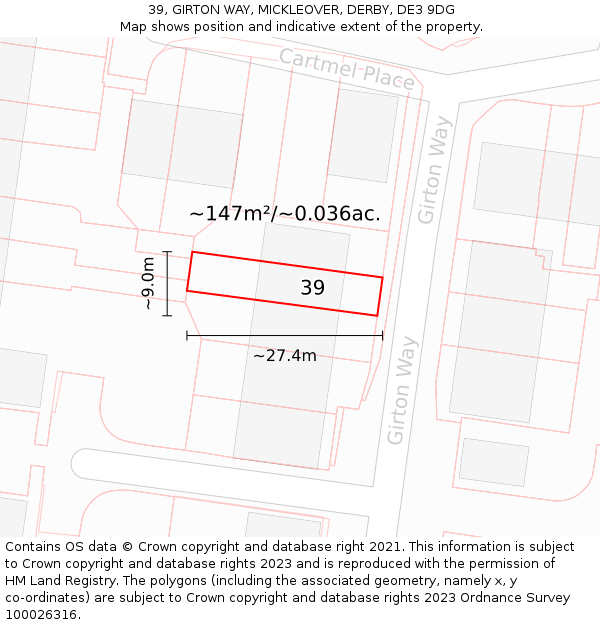 39, GIRTON WAY, MICKLEOVER, DERBY, DE3 9DG: Plot and title map