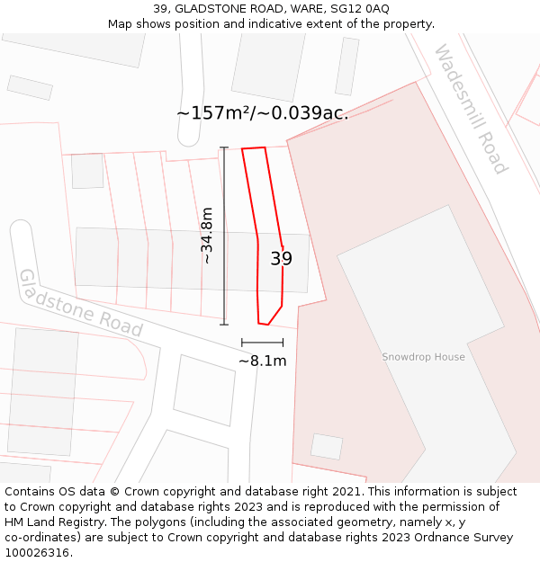 39, GLADSTONE ROAD, WARE, SG12 0AQ: Plot and title map