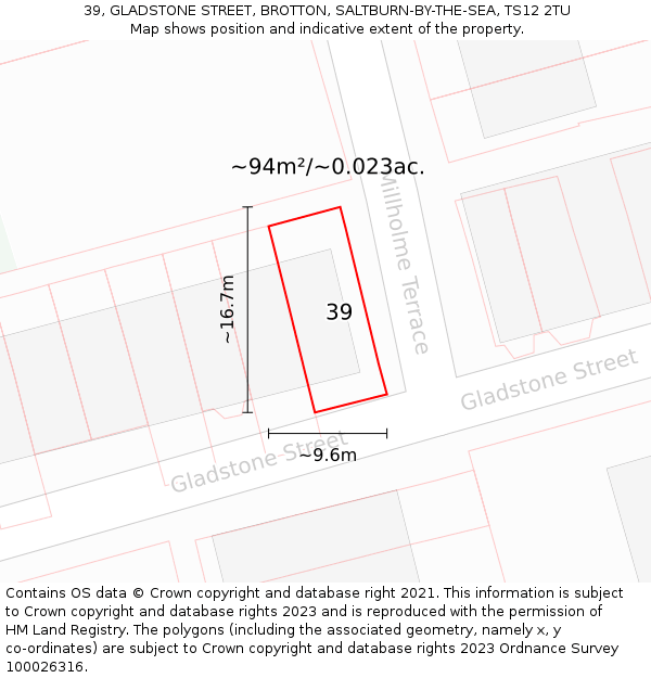 39, GLADSTONE STREET, BROTTON, SALTBURN-BY-THE-SEA, TS12 2TU: Plot and title map