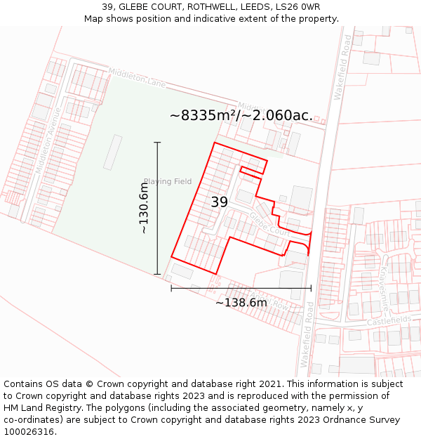 39, GLEBE COURT, ROTHWELL, LEEDS, LS26 0WR: Plot and title map