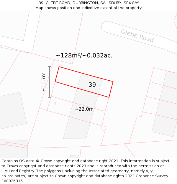 39, GLEBE ROAD, DURRINGTON, SALISBURY, SP4 8AY: Plot and title map