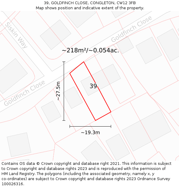 39, GOLDFINCH CLOSE, CONGLETON, CW12 3FB: Plot and title map