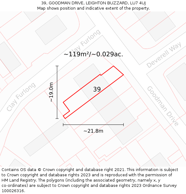 39, GOODMAN DRIVE, LEIGHTON BUZZARD, LU7 4UJ: Plot and title map