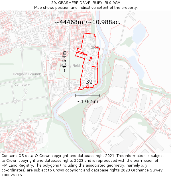39, GRASMERE DRIVE, BURY, BL9 9GA: Plot and title map