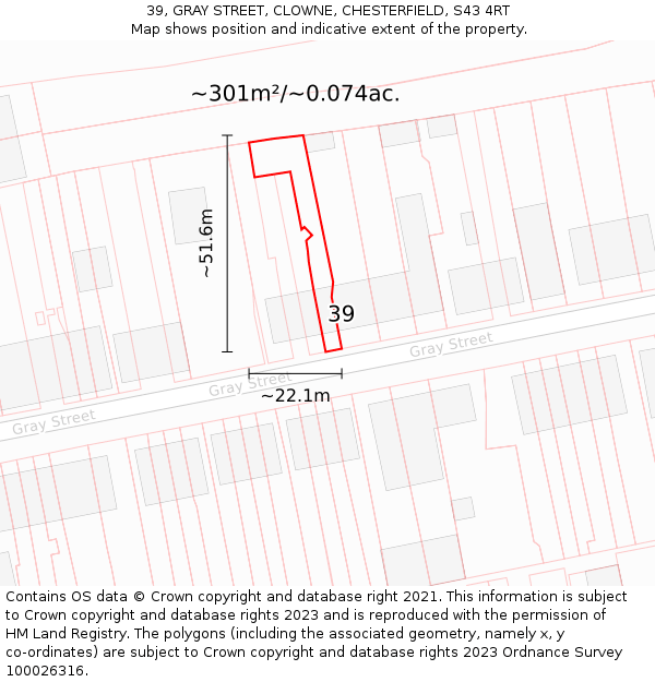39, GRAY STREET, CLOWNE, CHESTERFIELD, S43 4RT: Plot and title map