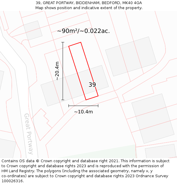39, GREAT PORTWAY, BIDDENHAM, BEDFORD, MK40 4GA: Plot and title map