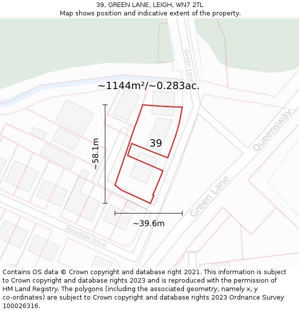 39, GREEN LANE, LEIGH, WN7 2TL: Plot and title map