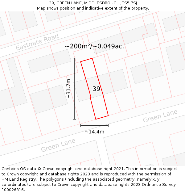 39, GREEN LANE, MIDDLESBROUGH, TS5 7SJ: Plot and title map
