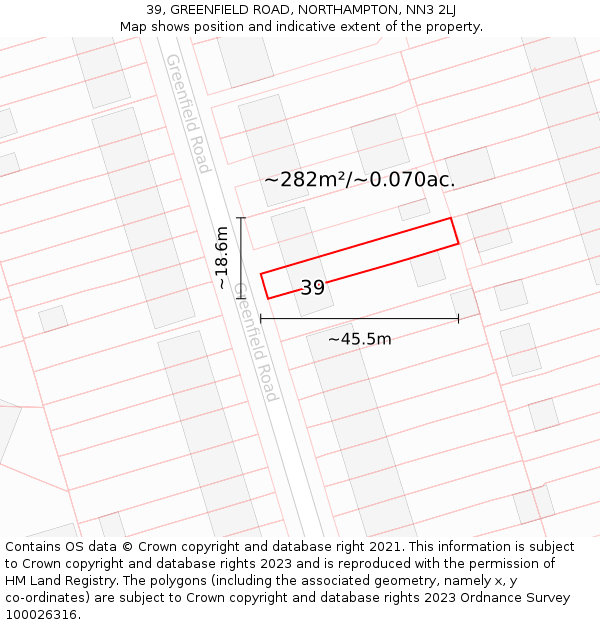 39, GREENFIELD ROAD, NORTHAMPTON, NN3 2LJ: Plot and title map