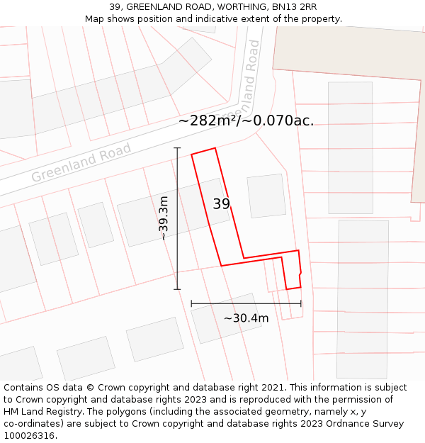 39, GREENLAND ROAD, WORTHING, BN13 2RR: Plot and title map