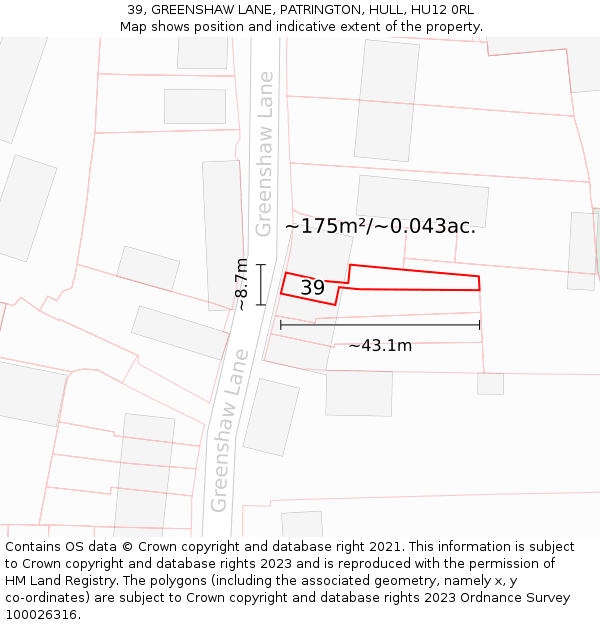 39, GREENSHAW LANE, PATRINGTON, HULL, HU12 0RL: Plot and title map
