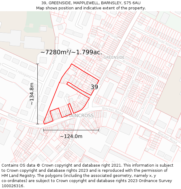 39, GREENSIDE, MAPPLEWELL, BARNSLEY, S75 6AU: Plot and title map