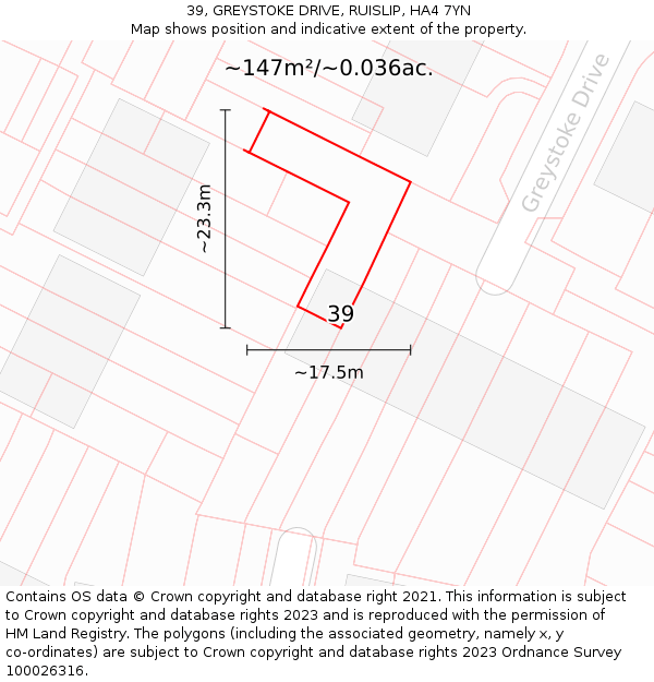 39, GREYSTOKE DRIVE, RUISLIP, HA4 7YN: Plot and title map