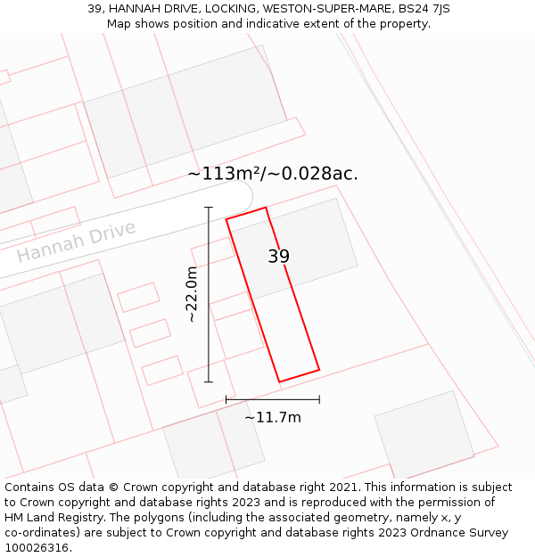 39, HANNAH DRIVE, LOCKING, WESTON-SUPER-MARE, BS24 7JS: Plot and title map