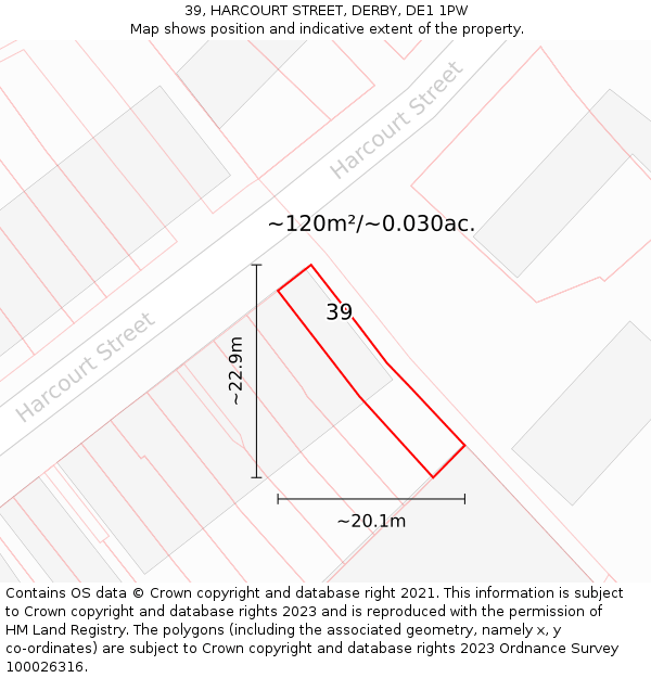 39, HARCOURT STREET, DERBY, DE1 1PW: Plot and title map