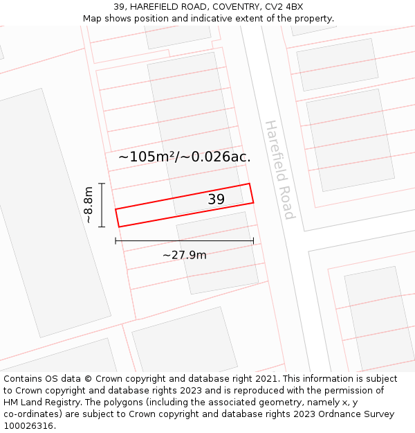 39, HAREFIELD ROAD, COVENTRY, CV2 4BX: Plot and title map