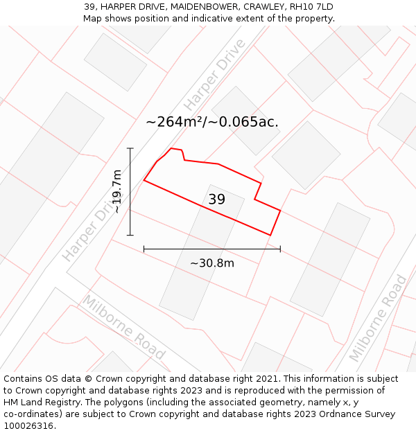 39, HARPER DRIVE, MAIDENBOWER, CRAWLEY, RH10 7LD: Plot and title map