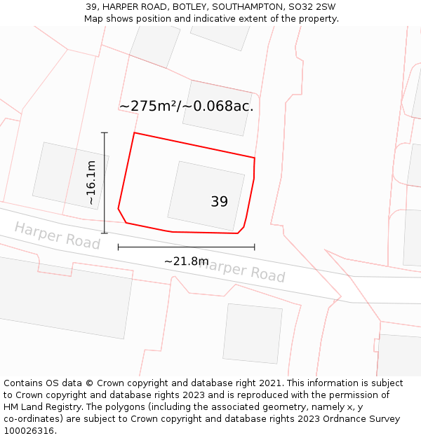 39, HARPER ROAD, BOTLEY, SOUTHAMPTON, SO32 2SW: Plot and title map
