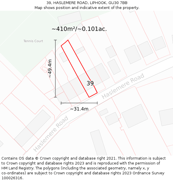 39, HASLEMERE ROAD, LIPHOOK, GU30 7BB: Plot and title map
