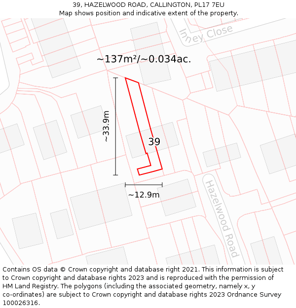 39, HAZELWOOD ROAD, CALLINGTON, PL17 7EU: Plot and title map