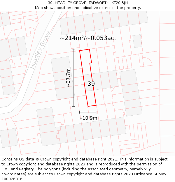 39, HEADLEY GROVE, TADWORTH, KT20 5JH: Plot and title map
